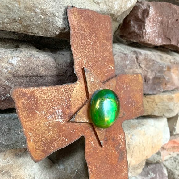 Western Rusty Metal Cross Star Glass Rust Green Southwest Cowboy Ranch - Picture 1 of 6